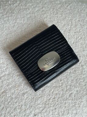Coach Black Lizard-Embossed Card Wallet with Silver Logo Plate